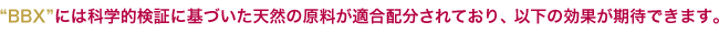 BBXには科学的検証に基づいた天然の原料が適合配分されており、以下の効果が期待できます。